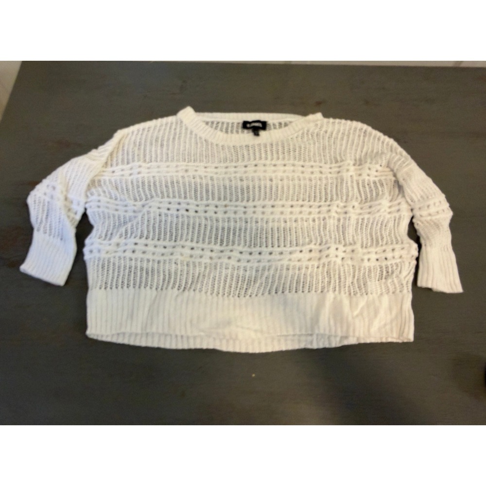 Express Womens White Open Knit Crochet Sweater Cropped Crew Neck Boho Size Small